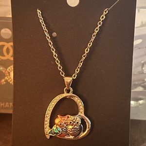 Silver Owl Heart Pendant Necklace